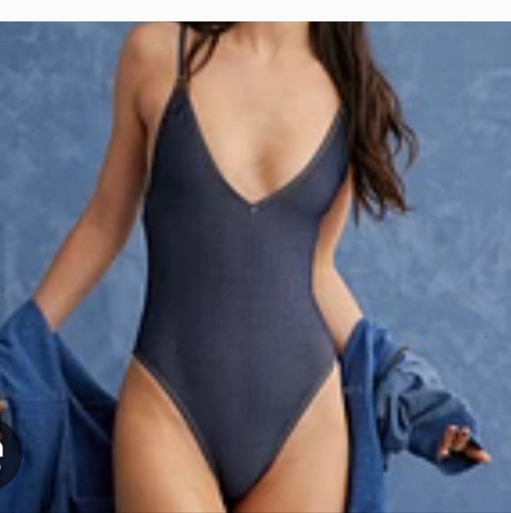 American Eagle Outfitters X Aerie Denim Plunge Cheekiest One Piece Swimsuit
